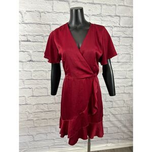 Charlotte Russe Red Wrap Ruffled Dress V-Neck Short Sleeve Night Womens Sz M NWT